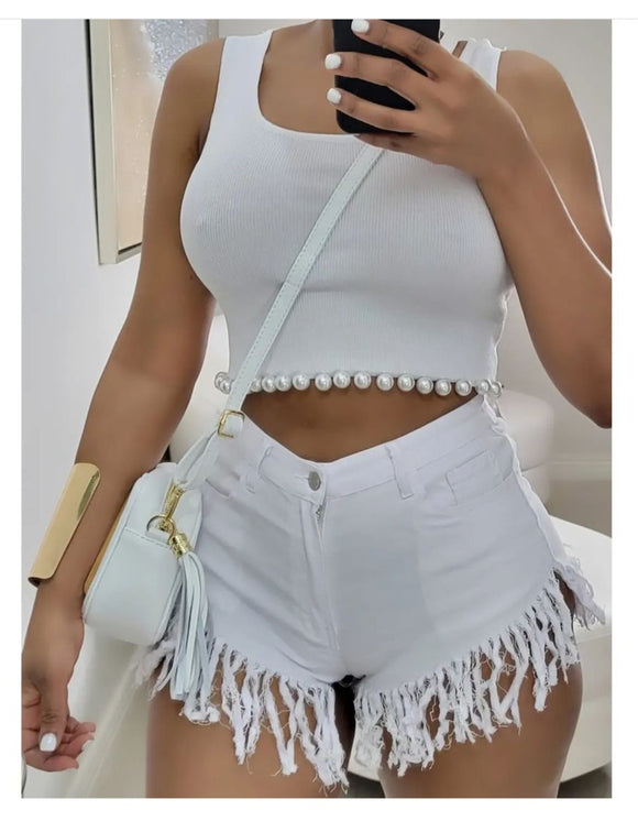 Short branco hot sale cos alto